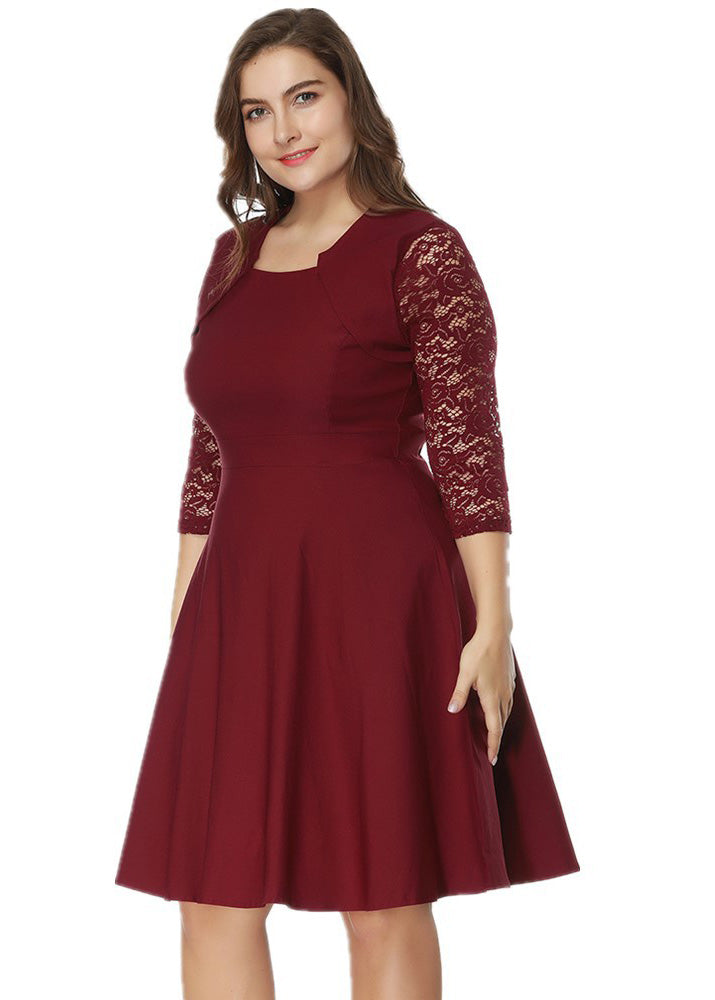Slim Fit Black O-neck Lace Patchwork Cotton Mid Dresses Bracelet Sleeve
