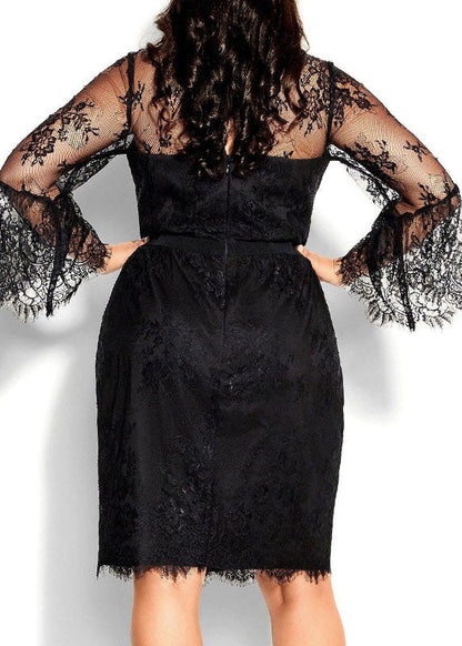 Slim Fit Black O-neck Patchwork Lace Mid Dresses Summer
