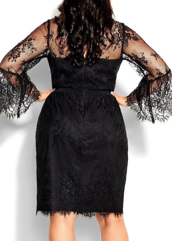 Slim Fit Black O-neck Patchwork Lace Mid Dresses Summer