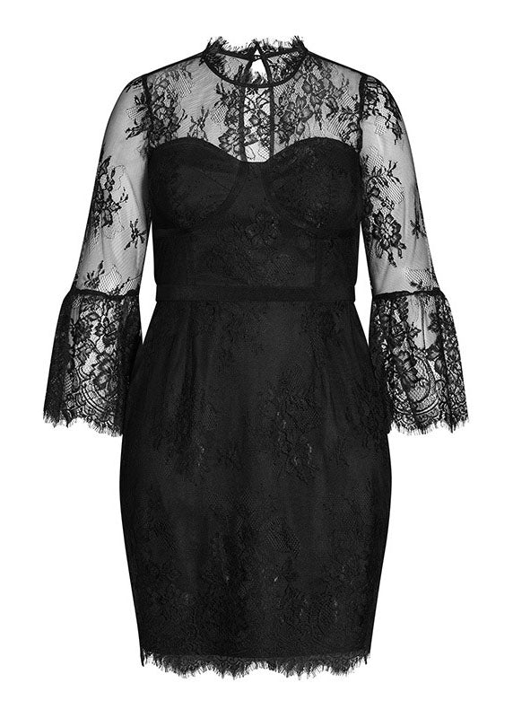 Slim Fit Black O-neck Patchwork Lace Mid Dresses Summer
