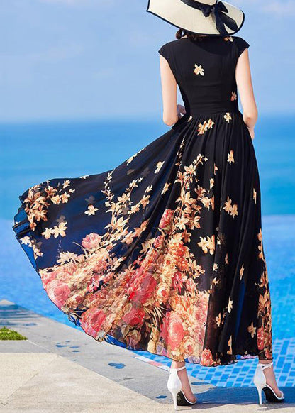 Slim Fit Black O-neck Print Chiffon Long Dresses Summer