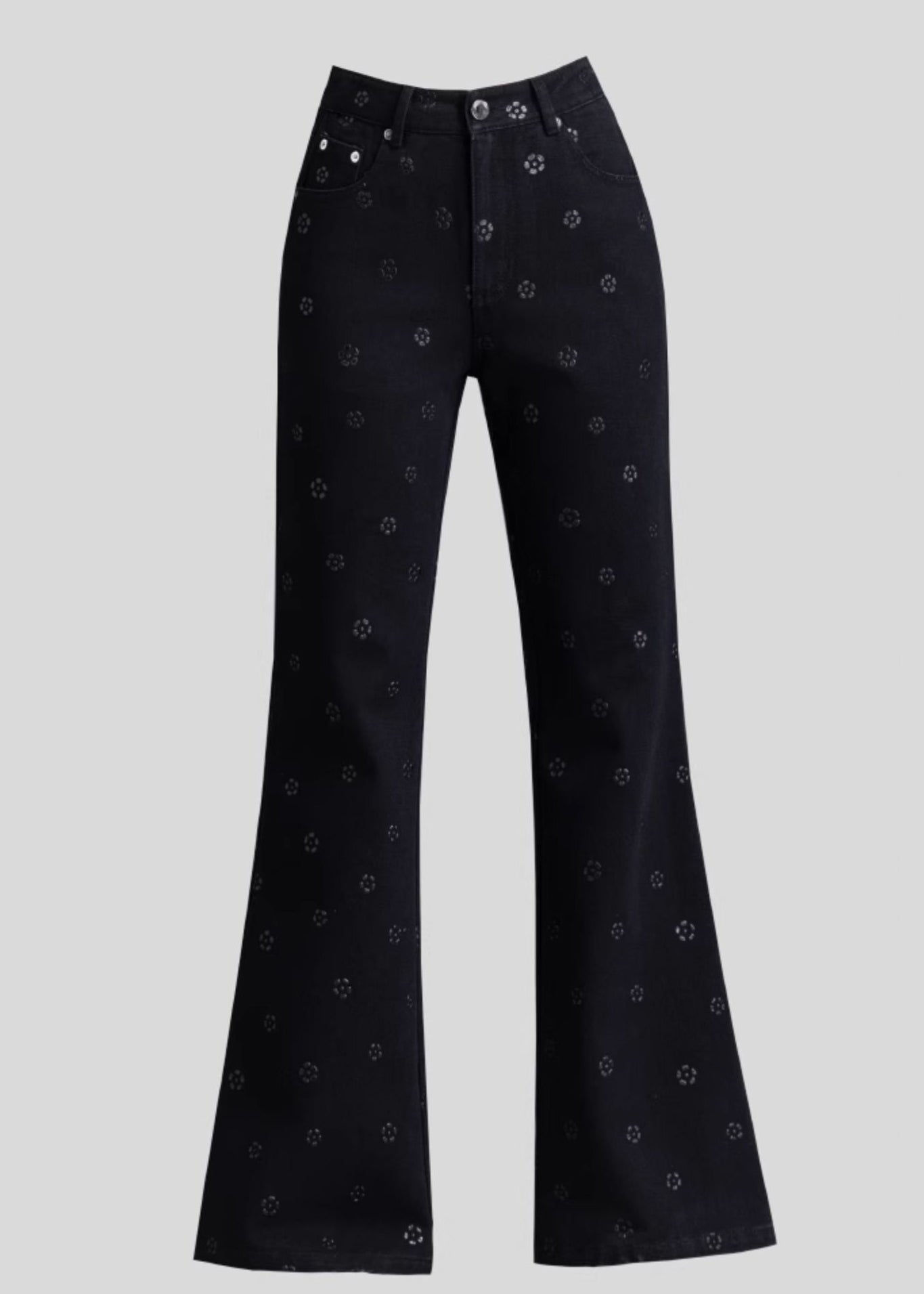 Slim Fit Black Pockets Print Denim Flared Trousers Spring