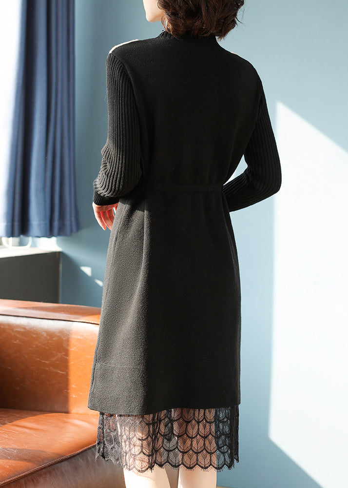 Slim Fit Black Stand Collar Lack Patchwork Llong Cotton Knit Sweater Dress Spring