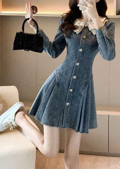 Slim Fit Blue O-neck Lace Patchwork Button Denim Mid Dress Long Sleeve