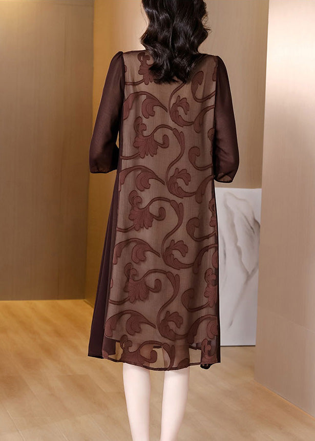 Slim Fit Coffee O-neck Print Silk Maxi Dresses Summe