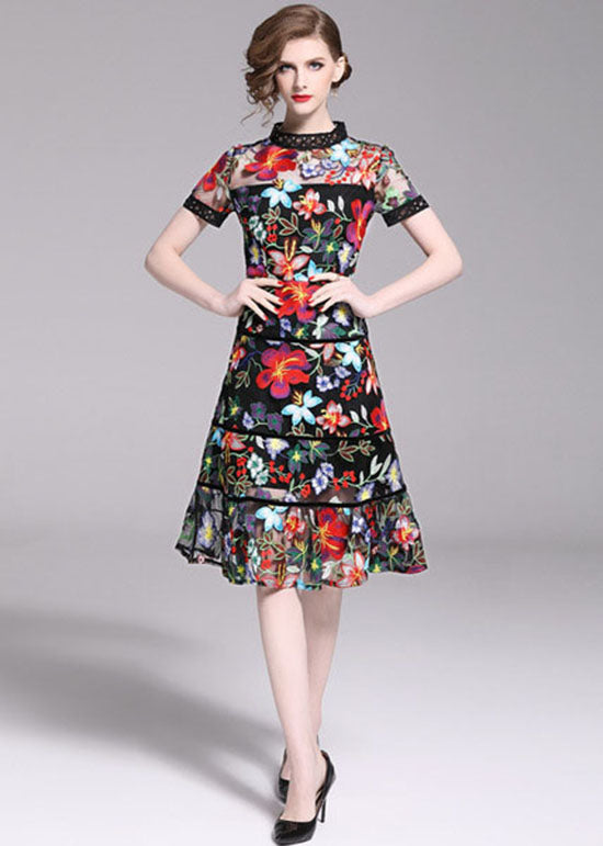 Slim Fit Embroideried Patchwork Tulle Mid Dress Summer