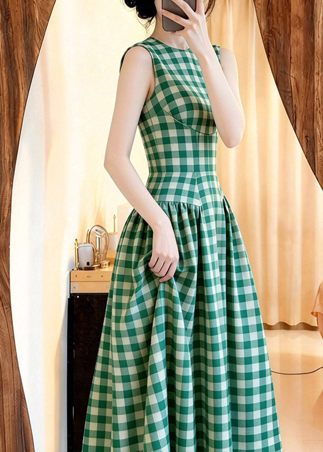 Slim Fit Green O-neck Plaid Tunic Long Dresses Summer