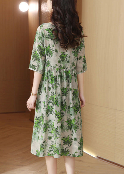 Slim Fit Green O-neck Print Wrinkled Silk Maxi Dress Half Sleeve