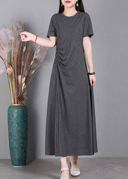 Slim Fit Grey O-neck Cotton Long Dresses Short Sleeve