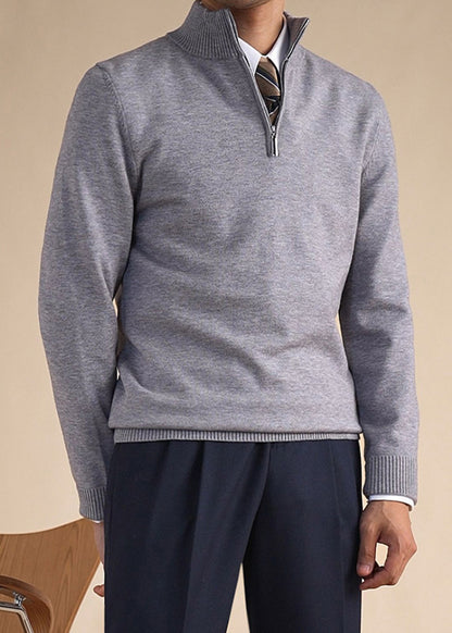 Slim Fit Grey Stand Collar Zip Up Knit Sweaters Winter