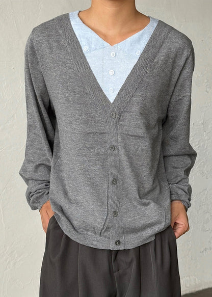 Slim Fit Grey V Neck Button Patchwork Knitting Cotton Sweater Fall