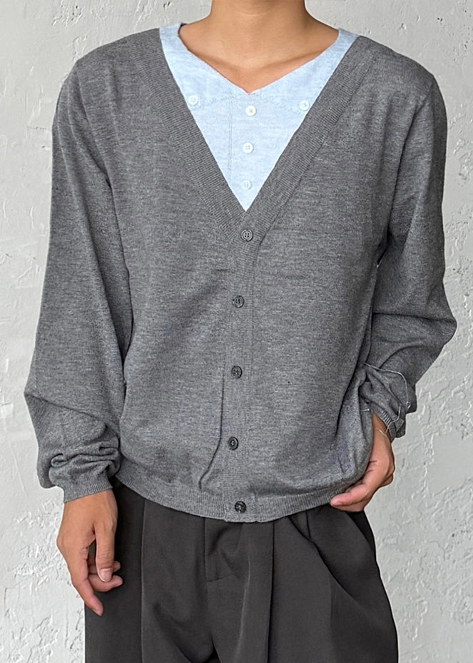 Slim Fit Grey V Neck Button Patchwork Knitting Cotton Sweater Fall