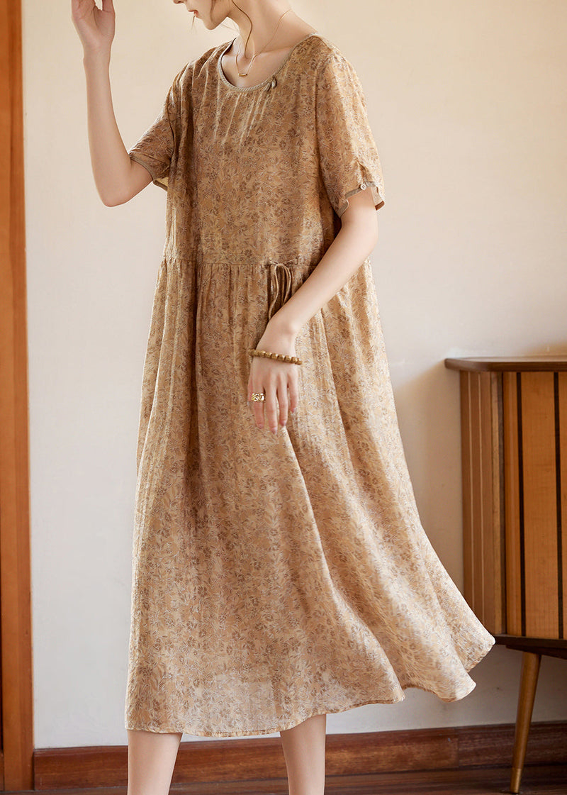 Slim Fit Khaki O-neck Print Silk Long Dresses Summer