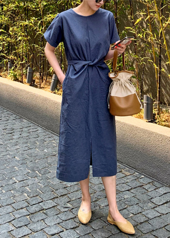 Slim Fit Navy O-neck Pockets Patchwork Dress Short Sleeve