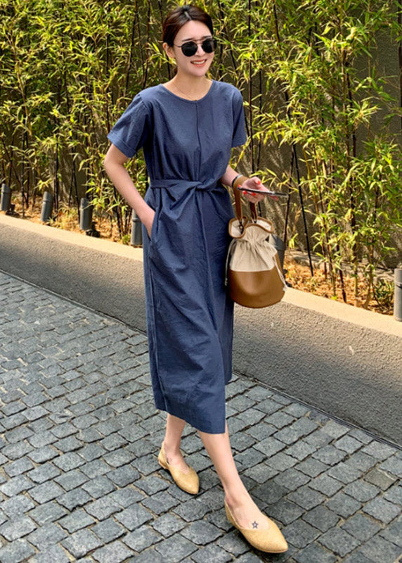 Slim Fit Navy O-neck Pockets Patchwork Dress Short Sleeve