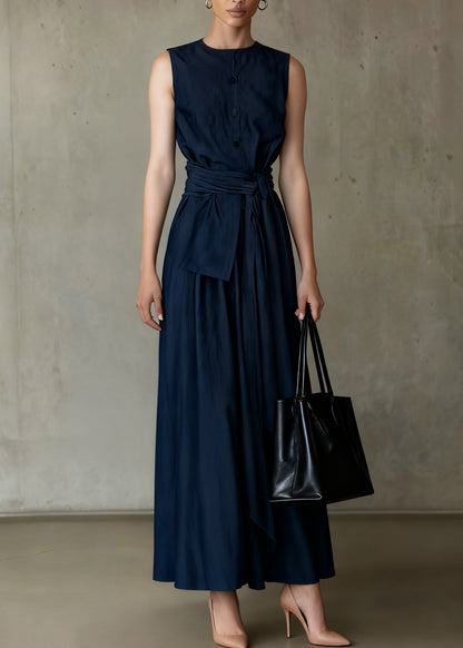 Slim Fit Navy Tie Waist Tops and Skirts Denim Two Piece Set Sleeveless