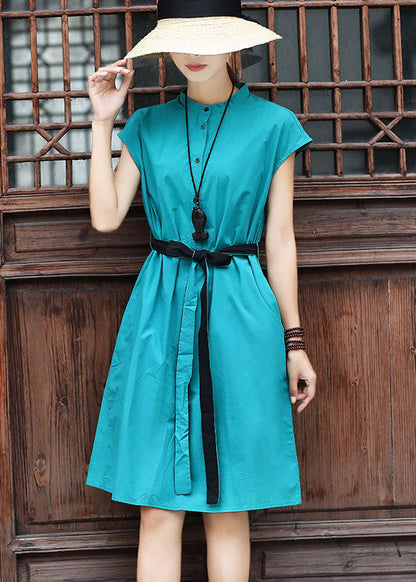 Slim Fit Sky Blue Stand Collar Tie Waist Cotton Dress Short Sleeve