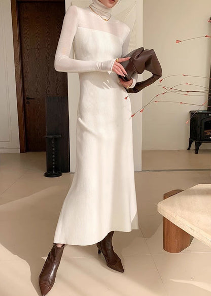 Slim Fit White Turtleneck Knit Long Dress Winter