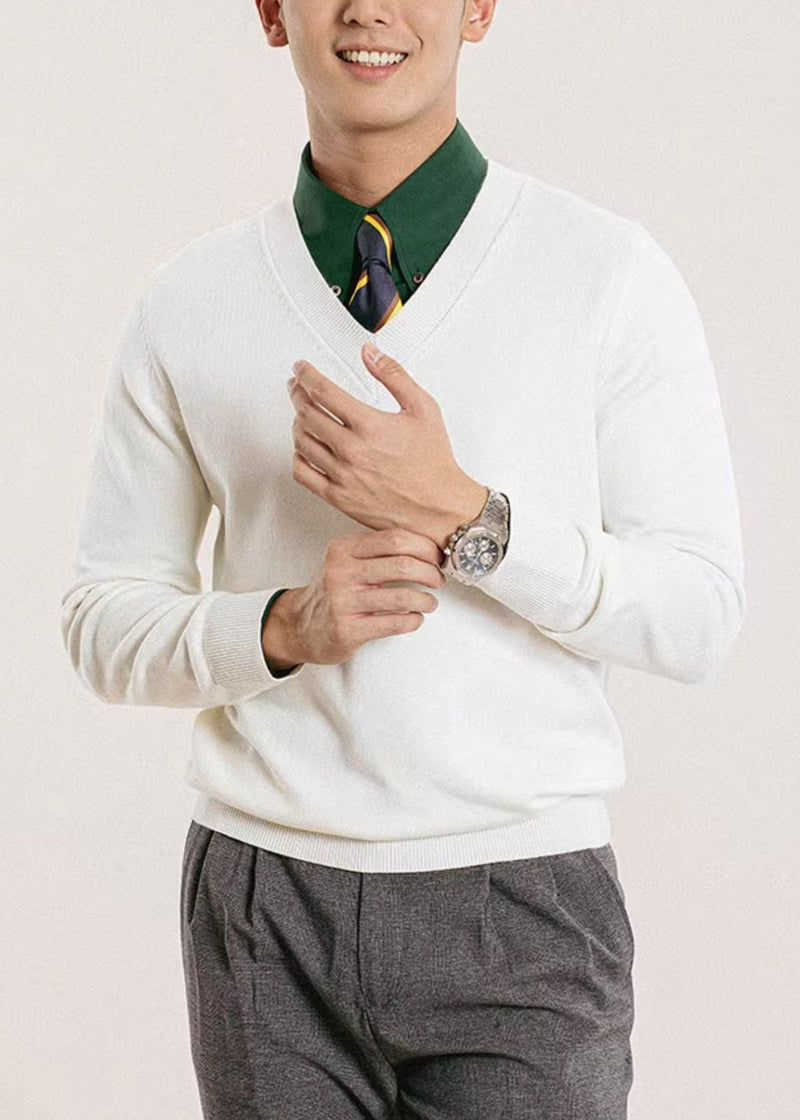 Slim Fit White V Neck Knit Sweater Fall