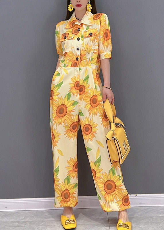 Slim Fit Yellow Peter Pan Collar Button Pockets Print Overalls Jumpsuit Short Sleeve