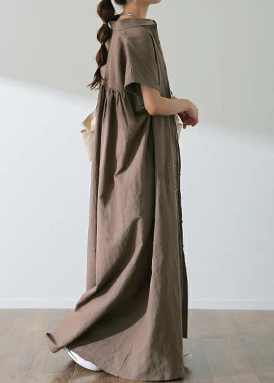Button Lapel Ruched Short Sleeve Maxi Shirt Dress Coffee