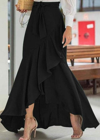 Color High Waist Ruffle High Low Hem Swing Maxi Skirts for