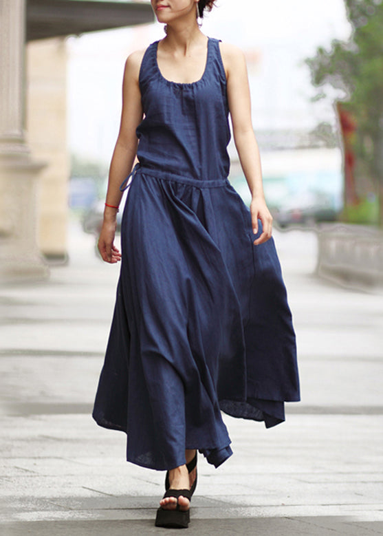Drawstring Ruched Sleeveless Maxi Dress Navy