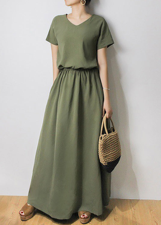Sash Elastic Waist Short Sleeve Maxi Dress Green