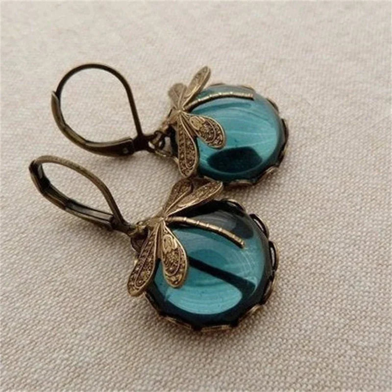 Spherical Dragonfly Earrings In Antique Gold