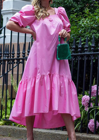 Square Neck Color Puff Sleeve Ruffles Hem Maxi Dress for Rose