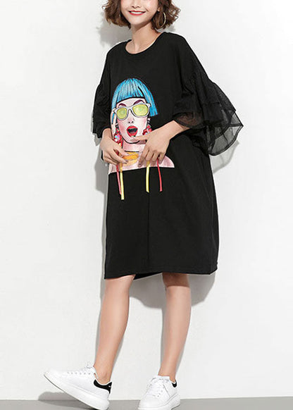 Black O-neck Tulle Patchwork Print Tassel Cotton Maxi Dresses Petal Sleeve