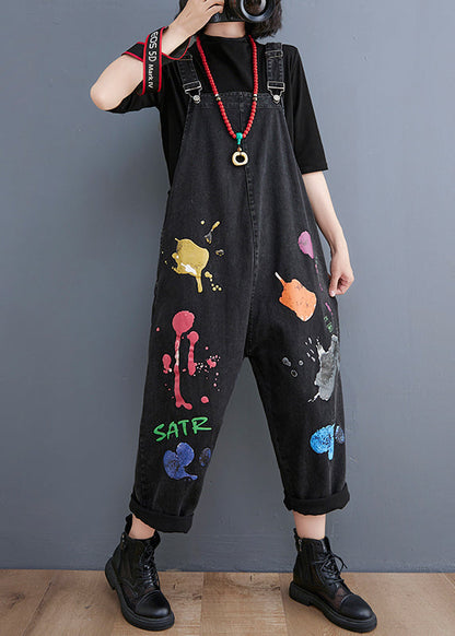 Black Painting Print Denim Jumpsuit Spring