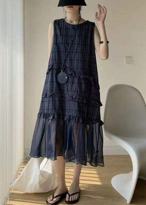 Navy Ruffled Tulle Patchwork Cotton Long Dress Sleeveless