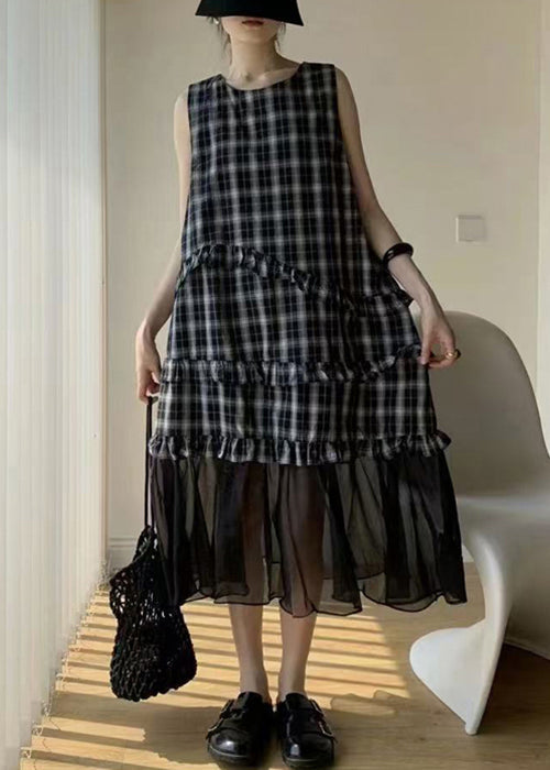 Navy Ruffled Tulle Patchwork Cotton Long Dress Sleeveless