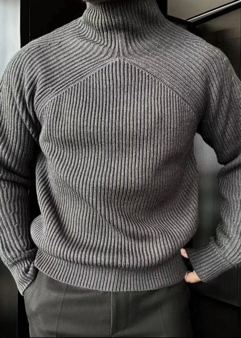 Striped Light Grey Turtleneck Knit Sweaters Winter