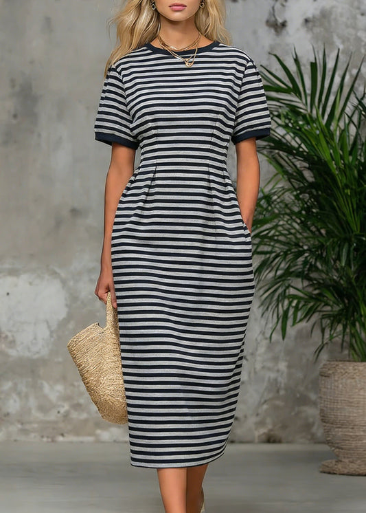 Striped Pockets High Waist Cotton Long Dress O Neck Summer