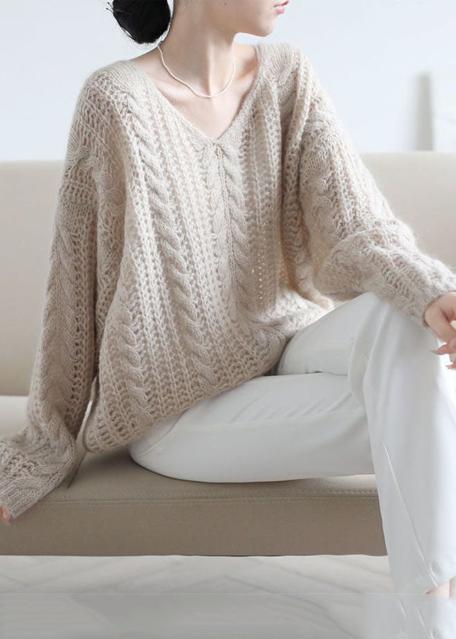 Style Apricot V Neck Chunky Oversized Ma Hai Mao Knitted Tops Spring