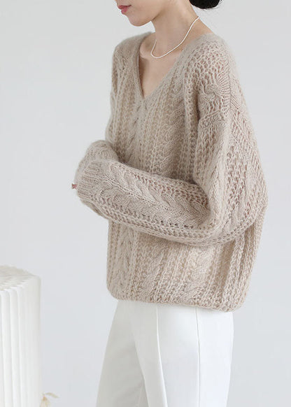 Style Apricot V Neck Chunky Oversized Ma Hai Mao Knitted Tops Spring