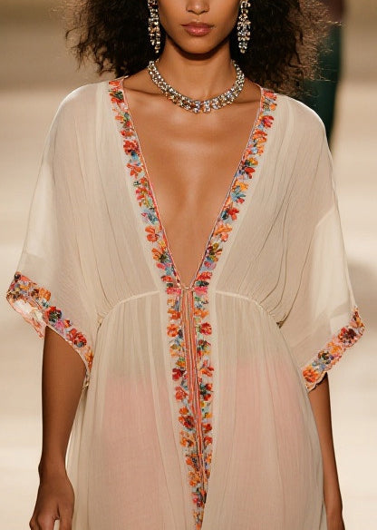 Style Apricot V Neck Cotton Vacation Dresses Summer