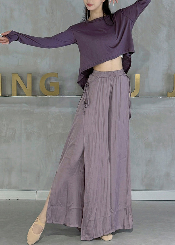 Style Beige Elastic Waist Side Open Cotton Wide Leg Pants Skirt Spring