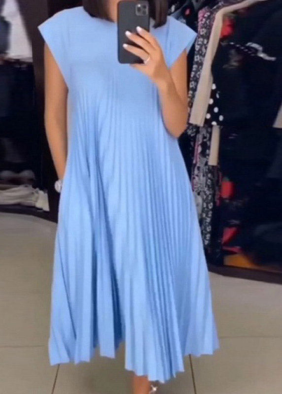 Style Beige O-neck Wrinkled Long Dress Summer