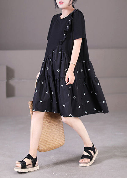 Style Black O-neck Embroideried Ruffled Patchwork Wrinkled Cotton a Line Dress Short Sleeve