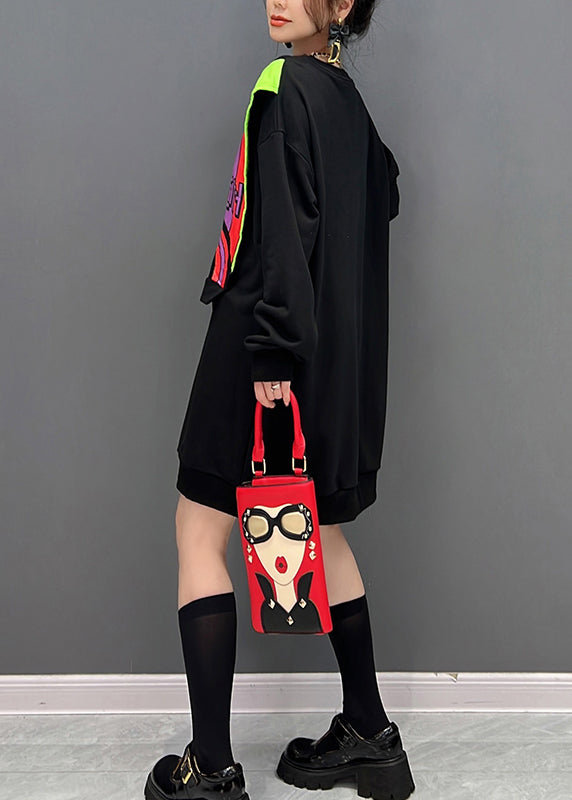 Style Black O-neck Patchwork Fake Two Pieces Cotton Mid Dresses Fall