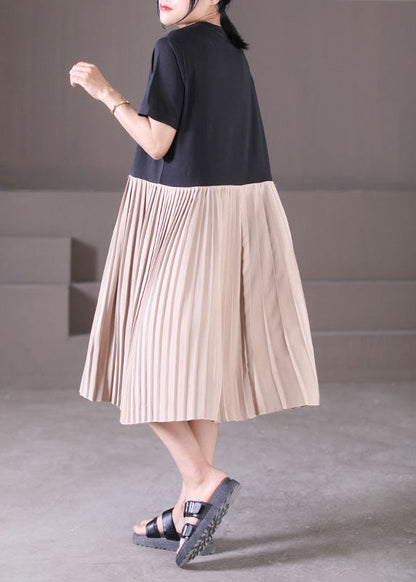 Style Black O-neck Wrinkled Patchwork Chiffon Pleated Dresses Short Sleeve