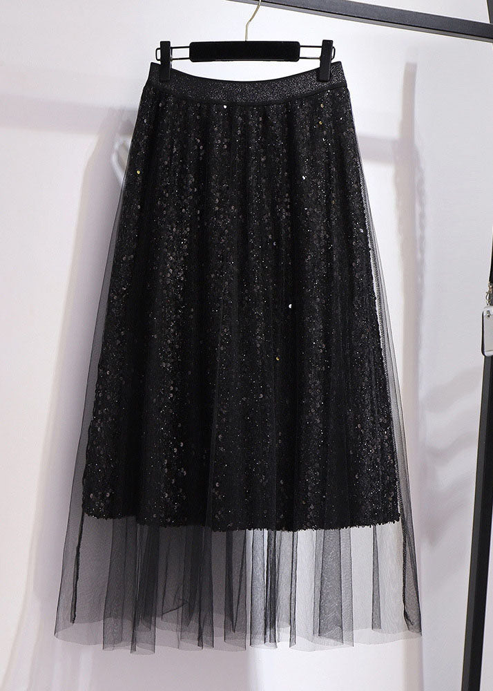 Style Black Sequinselastic Waist Patchwork Tulle Pleated Skirt Fall