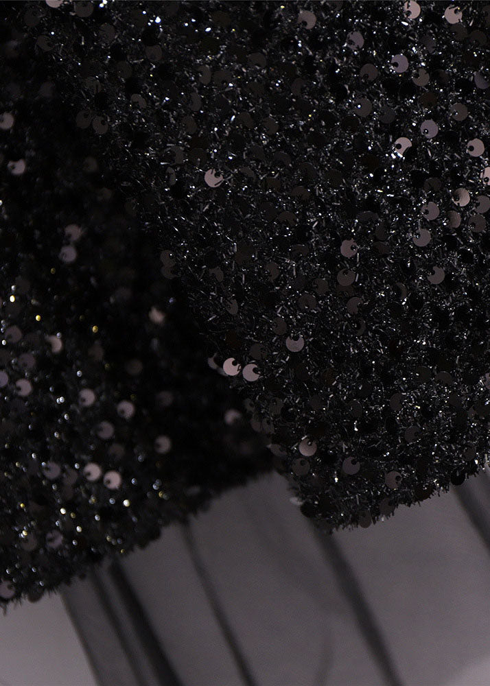 Style Black Sequinselastic Waist Patchwork Tulle Pleated Skirt Fall