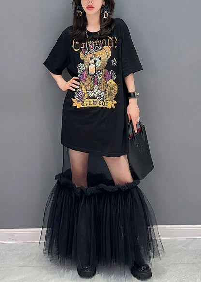 Style Black Tulle Ruffled Cartoon Print Patchwork Cotton Dress Summer
