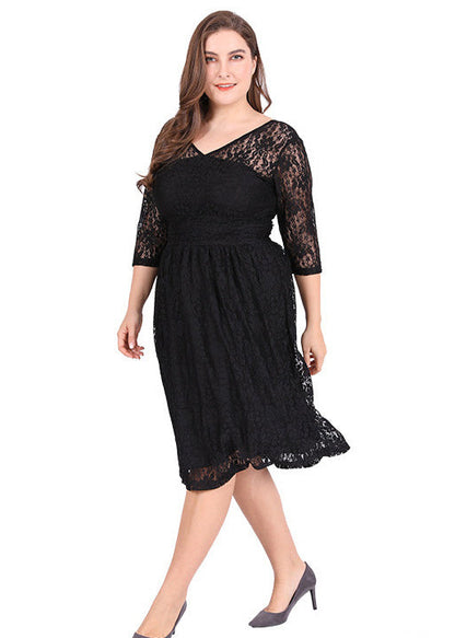 Style Black V Neck Lace Mid Dresses Summer