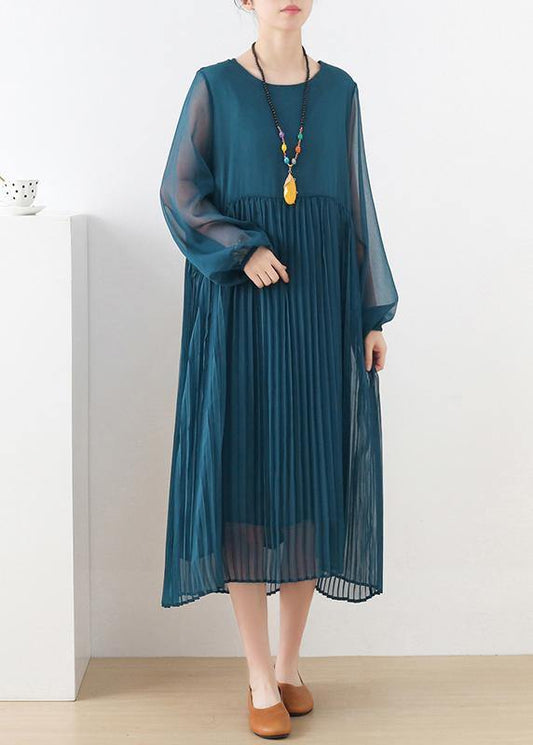 Style Blue Long Sleeve Chiffon O-neck Summer Dresses