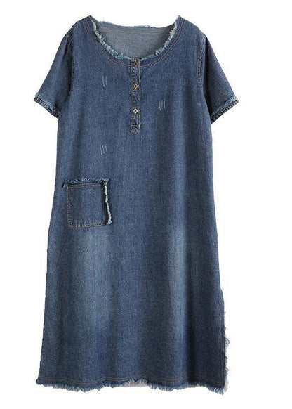 Style Blue O-neck Tassel Pocket Side Open Cotton Vacation Denim Dresses Short Sleeve